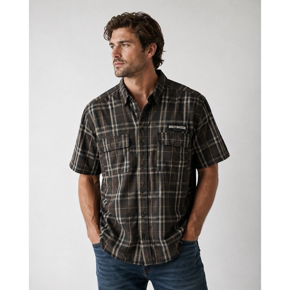 Harley Davidson (HD) - Brown Plaid Button Up Short Sleeve T Shirt - Men's 2XL